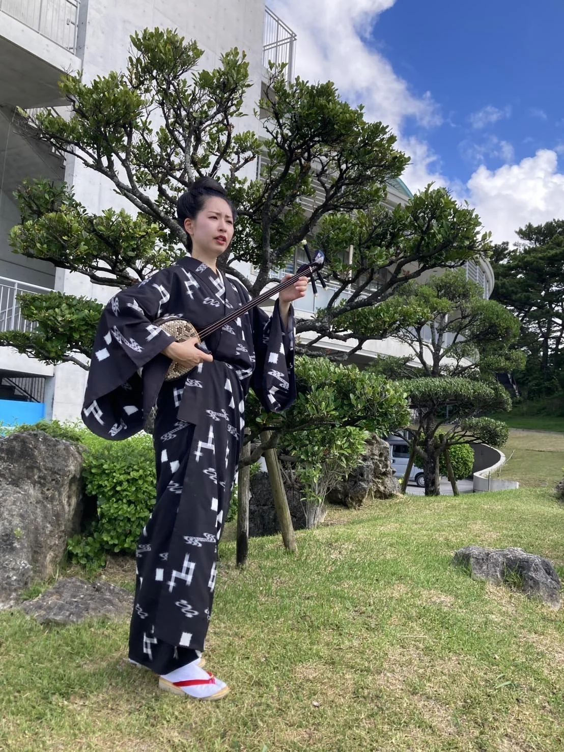 着物姿で三線を弾く熊猫